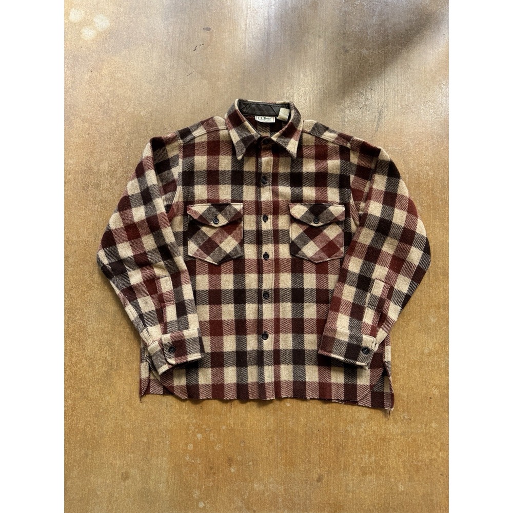 VTG 80s L.L. Bean Virgin Wool Plaid Brown Button Up Heavy Shirt Cropped (L) USA